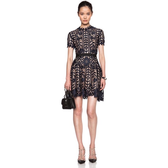 Self-Portrait Dresses & Skirts - Self Portrait Floral Lace Short Sleeve A Line Dress Navy Nude Size US10